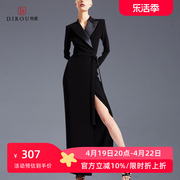 时尚西装领长袖连衣裙，修身显瘦2024年春季气质小黑裙中长裙子