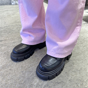 韩国足求东大门女单鞋子23秋季圆头厚底小个子系带黑色小皮鞋