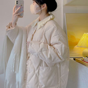韩系温柔风粉色花边菱格棉服外套女2023冬季设计感小个子棉衣棉袄