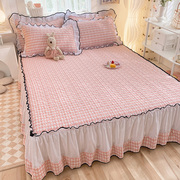 公主风夹棉床单单件韩式加厚粉色花边女生，床单三件套防滑防尘套罩