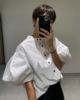 日本设计师款通勤OL立领3D泡泡立体短袖白色衬衫撞色黑纽扣衬衣女