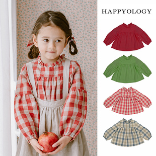 Happyology英国女童衬衫儿童长袖亚麻透气童装上衣秋季衬衣格子衫