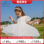 船鼠女童白色连衣裙夏装短袖2023蝴蝶结儿童纱裙小女孩公主裙