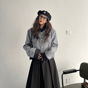 韩版设计感小香风灰色，高腰短款宽松立领拼接西装，夹克开衫外套女