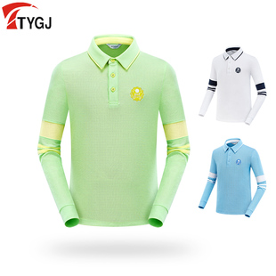 高尔夫球男女儿童长袖，t恤polo衫棉翻领白蓝绿色，休闲运动上衣服装