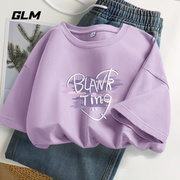 glm紫色t恤女夏季纯棉短袖，多巴胺甜美风，仙女简约温柔上衣
