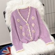 紫色毛衣外套女设计感小众春秋韩系温柔甜美可爱针织开衫短款上衣