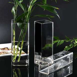 富贵竹花瓶玻璃透明方形客厅落地水培方口养竹子玻璃瓶大号特大号