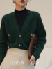法式复古墨绿色v领针织开衫，女秋冬时尚，洋气显瘦毛衣女内搭厚