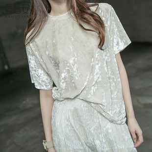 百洛安时尚短袖丝绒t恤女夏季韩版圆领宽松大码T恤女洋气上衣