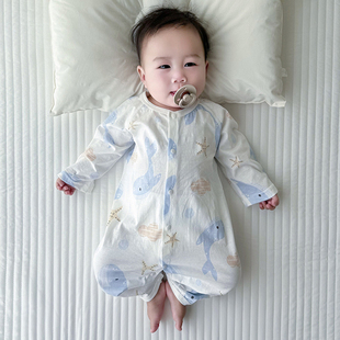 婴儿夏季连体衣纯棉超薄长袖，衣服空调服满月宝宝，夏装爬服睡衣哈衣