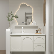 高端实木法式奶油时尚现代岩板卫浴柜浴室柜，洗脸台盆智能镜柜组合