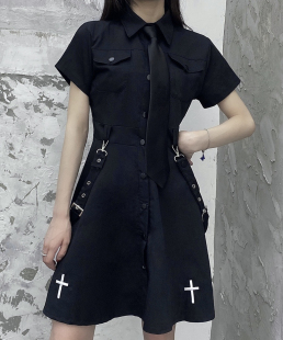 暗黑系机能风短袖衬衫连衣裙2024年夏季个性朋克工装风小黑裙