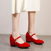 磨砂红色婚鞋新娘内增高高跟单鞋女法式复古扣带坡跟大码女鞋 XLD