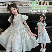 夏季女童装甜美新中式风刺绣连衣裙泡泡袖网纱裙子
