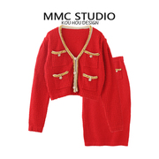 MMC 欧货法式轻奢重工钉珠口袋针织开衫半身长裙两件套装2024早春
