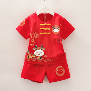 男童唐装套装一周岁宝宝抓周服儿童短袖两件套女孩夏季衣服中国风
