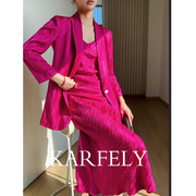 karfely重磅三醋酸缎面，提花西装外套女褶皱醋酸小西服宽松版洋气