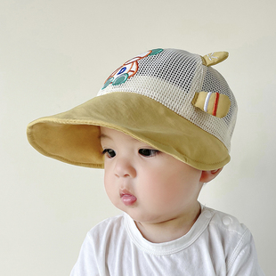婴儿防晒帽子夏季男童卡通，小熊网格太阳帽宝宝，夏天透气大檐遮阳帽