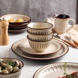舍里美式复古碗碟套装家用创意，饭碗平盘菜盘子欧式陶瓷，西餐盘餐具