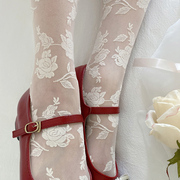 温柔奶油色丝袜夏薄款日系甜美浪漫玫瑰蕾丝复古白色袜子女连裤袜