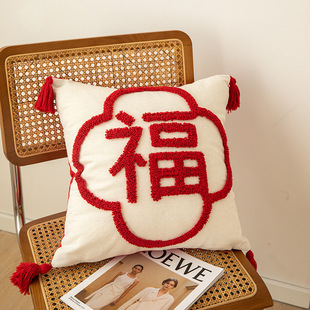 2023过年红色福字抱枕中式客厅沙发靠枕刺绣靠垫套办公室腰枕