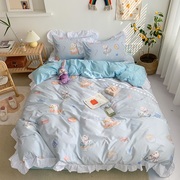 浪漫紫色少女心大荷叶边床上四件套兔子，糖果纯棉全棉贡缎床上用品