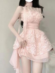 法式甜美时尚纯欲风辣妹设计感不规则粉色吊带裙拼接网纱连衣裙女