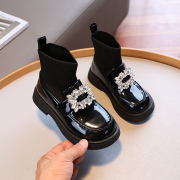 定制女童靴子2023飞织短靴秋冬款棉靴儿童鞋子加绒皮鞋黑色袜