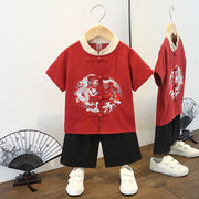 男童唐装中国风儿童汉服春夏季短袖套装宝宝，民族风古装新中式服装