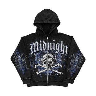 美式Y2K外套机车风时尚字母骷髅头印花拉链连帽衫长袖卫衣hoodie