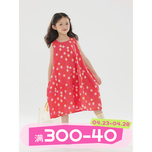 OLAMIMI定制 2023夏亲⼦可爱俏皮红色波点圆领无袖灯笼型连衣裙