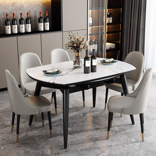 意式岩板餐桌餐椅组合实木，伸缩折叠小户型，多功能家用吃饭可变圆桌