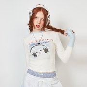 美式复古白色耳机猫咪针织打底上衣秋季辣妹修身显瘦短款T恤