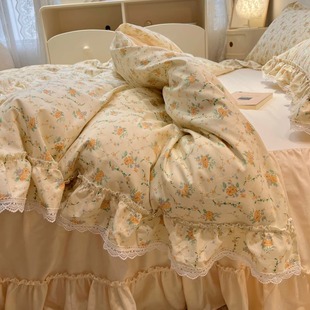 公主风床上四件套纯棉，全棉小清新花边被套，床裙床单三件套ins床品