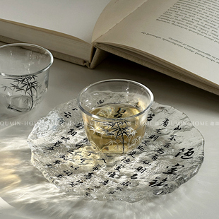 趣皿*新中式水墨竹，个人小茶杯陋室铭，冰川碟子家用玻璃杯碟品茗杯