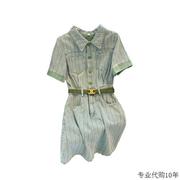 香港设计感竖条纹牛仔连衣裙女夏季大码港风复古气质收腰短袖裙子