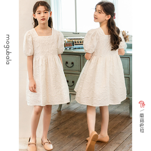 2022夏装韩版女童装法式泡泡袖公主裙白色仙女裙中大童洋气连衣裙