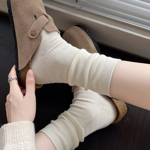 秋冬款棉质短袜竖条纹，甜美米白色小腿袜咖啡色，堆堆袜灰色中筒袜子