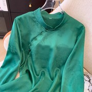 春秋2024新中式绿色重磅真丝，国风长袖衬衫，女复古盘扣洋气上衣