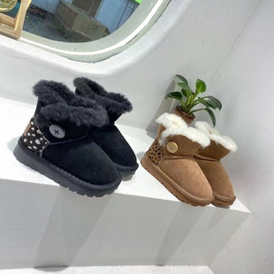 冬季保暖鞋雪地靴2022男女童小童豹纹短靴一粒扣亲子鞋