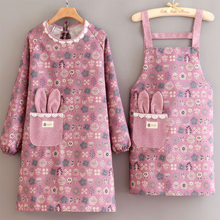 长袖帆布厨房做饭围裙韩版可爱洋气罩衣工作棉麻耐磨透气围腰