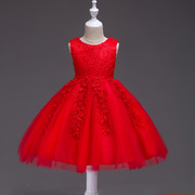 儿童红色礼服女童蕾丝连衣裙公主表演背心蓬蓬连衣裙幼儿园演出服