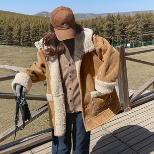 羊羔毛麂皮绒棉服女2023冬季加绒加厚连帽小个子皮毛一体外套