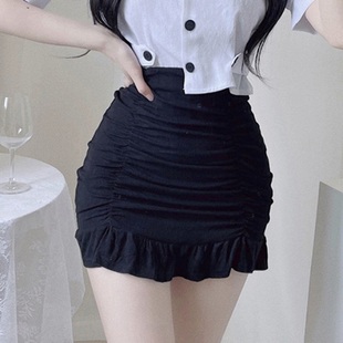 韩国东大门减龄紧身显瘦褶皱荷叶边高腰包，臀半身裙女性感短裙