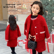 女童冬装套装2023儿童红色千鸟，格礼服两件套宝宝冬季过年衣服