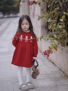 NANI童装纯手工刺绣针织连衣裙兔年限定喜庆红色毛衣裙新年礼服裙