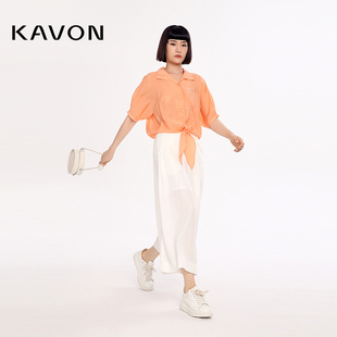 Kavon/卡汶多巴胺橙纯色简约通勤百搭蝴蝶结十字绣设计短袖女衬衣