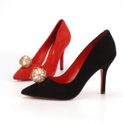 羊皮shellys英国品牌商场黑色名媛，红色婚鞋高贵尖头超细高跟单鞋