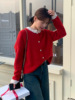 法式新年红色拼接香风，毛衣针织开衫秋冬上衣，蕾丝减龄外套